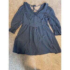 West Fade Gingham Mini Dress Womens Size L Blue Black Excellent Peter Pan Collar